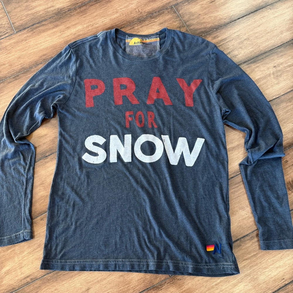 Aviator Nation Pray for Snow Navy Long Sleeve Tee with Red and White Print